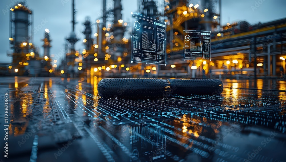 Close-up of digital twin icons floating above two black rubber barrels in an industrial setting, with blurred oil fields and gasoline production facility visible in the background Close-up of digital twin icons floating above two black rubber barrels in an industrial setting, with blurred oil fields and gasoline production facility visible in the background