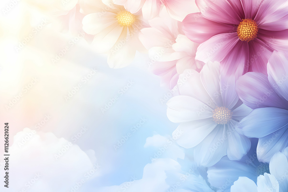 Fototapeta premium Serene pastel floral arrangement against a soft, dreamy sky backdrop. Ideal for greeting cards, websites, or calming backgrounds.