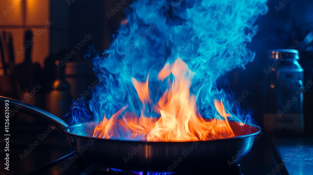 Flaming pan with blue and orange fire. Flaming pan with blue and orange fire.