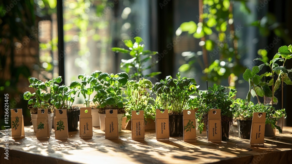 Gardening event plant labeling with garden stakes indoor table botanical display natural light home gardening concept Gardening event plant labeling with garden stakes indoor table botanical display natural light home gardening concept