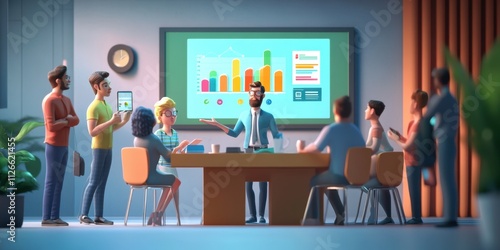 3D Animated Business Meeting: Team Collaboration and Data Analysis Presentation
