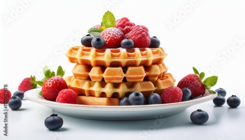 a stack of mini waffles with berries on top isolated on a white background showcasing a sweet and fun breakfast option