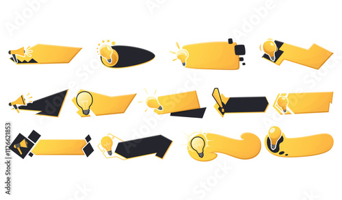 Quick tips icon or symbol set with black and yellow color. Lightbulb and megaphone elements suitable for web. Vector illustration for helpful advice, tricks, solution or suggestion concept