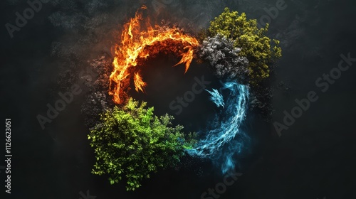 The four elements of nature in a breathtaking creative design. All four elements forming a circular shape. Earth, wind, fire, air, water. Dramatic dark background emphasizing the elements in the cente photo