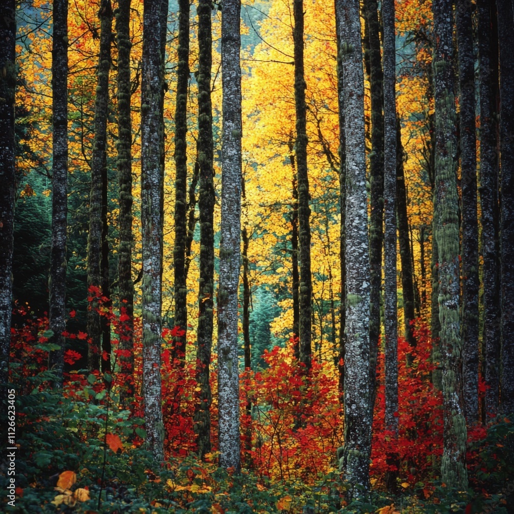 Fototapeta premium autumn forest with vibrant foliage and tall trees