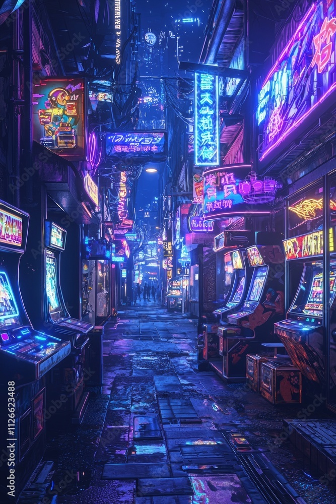 Obraz premium A cyberpunk street with arcade machines and neon signs in a digital art style