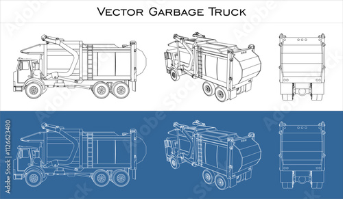 Vector  garbage truck set. illustration line drawing blueprint technical drawings isolated on transparent background
