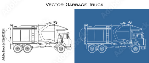 Garbage truck Side view  Vector . illustration line drawing blueprint technical drawings isolated on transparent background