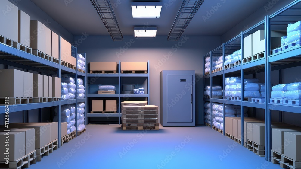 Temperature-controlled refrigerated storage cold room and warehouse with shelves and pallets. Temperature-controlled refrigerated storage cold room and warehouse with shelves and pallets.