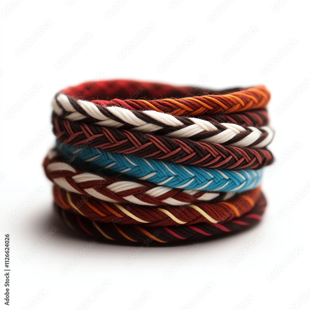 Colorful braided bracelets stacked on a white isolated background. Colorful braided bracelets stacked on a white isolated background.