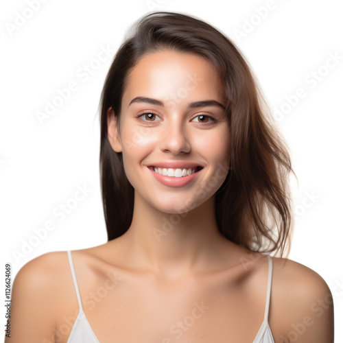 Radiant young woman with healthy glowing skin smiles warmly at