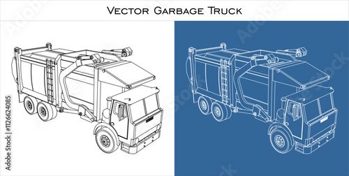 Front view garbage truck Vector . illustration line drawing blueprint technical drawings isolated on transparent background