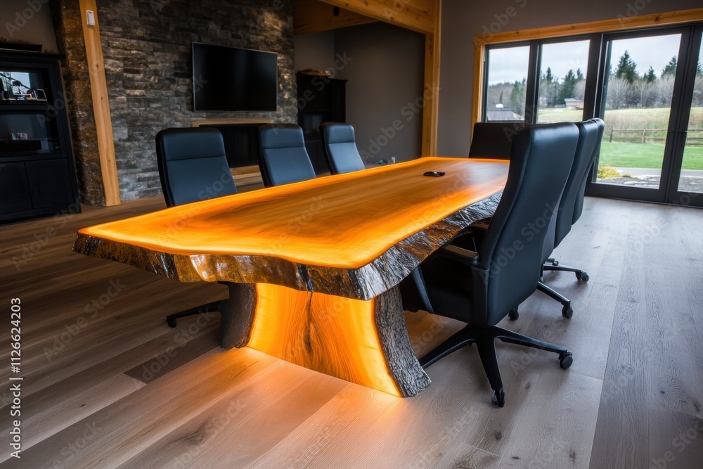 Modern Live Edge Conference Table with Warm LED Lighting Modern Live Edge Conference Table with Warm LED Lighting
