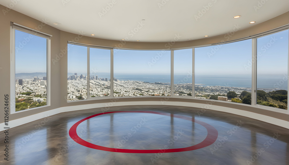 Fototapeta premium Panoramic city views from a modern home with large windows and a polished concrete floor featuring a red circle design. Luxury real estate, architectural design.