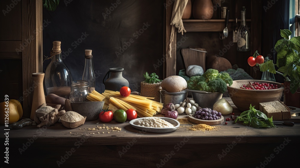 Rustic Kitchen Still Life Featuring Pasta and Vegetables Rustic Kitchen Still Life Featuring Pasta and Vegetables
