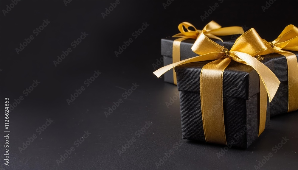 Stunning Black Friday and Cyber Monday Promotional Image Featuring Elegant Black Christmas Boxes Tied with Golden Ribbons on a Sleek Black Background - Perfect for Holiday Marketing Stunning Black Friday and Cyber Monday Promotional Image Featuring Elegant Black Christmas Boxes Tied with Golden Ribbons on a Sleek Black Background - Perfect for Holiday Marketing