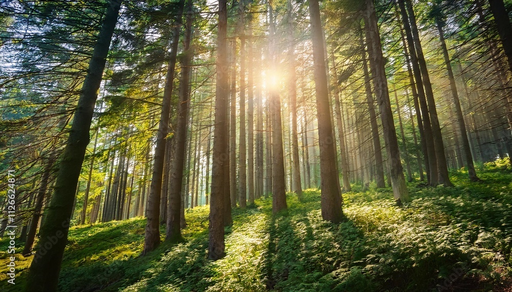 Obraz premium beautiful forest landscape with tall green trees under morning sun