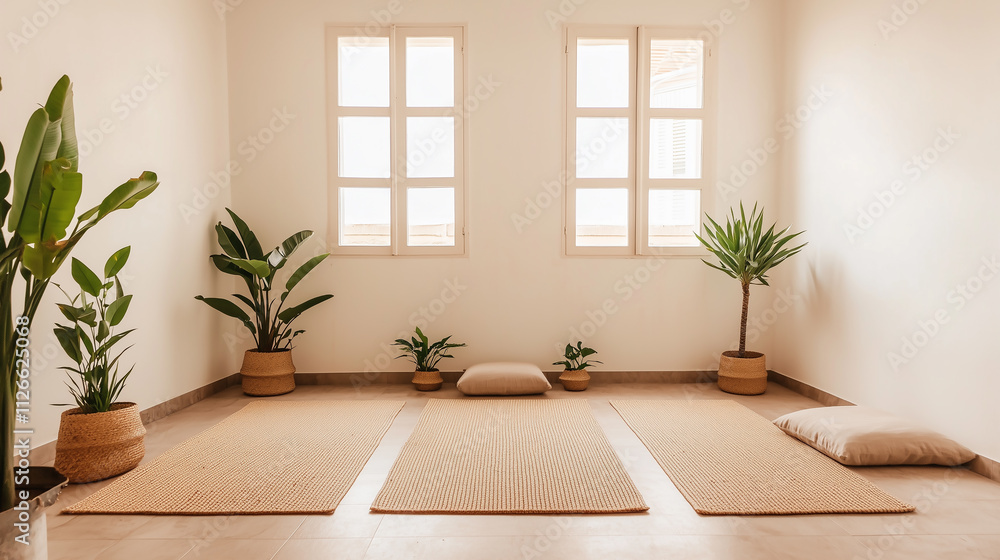Serene meditation space indoor studio interior design minimalist environment calm viewpoint wellness concept Serene meditation space indoor studio interior design minimalist environment calm viewpoint wellness concept