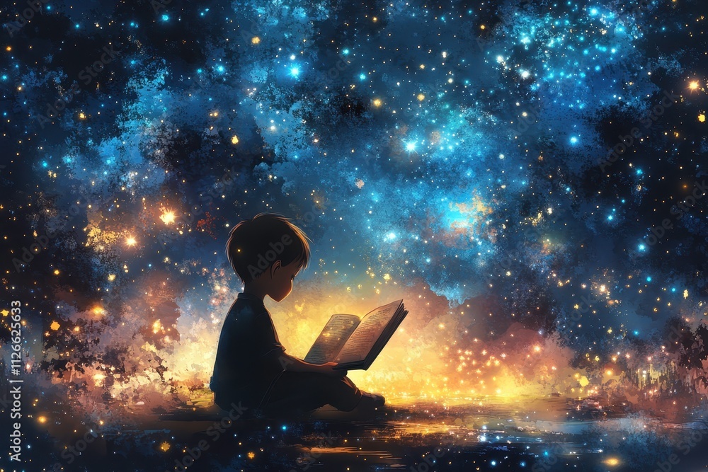 Reading a Book Under the Stars in Watercolor Art Reading a Book Under the Stars in Watercolor Art