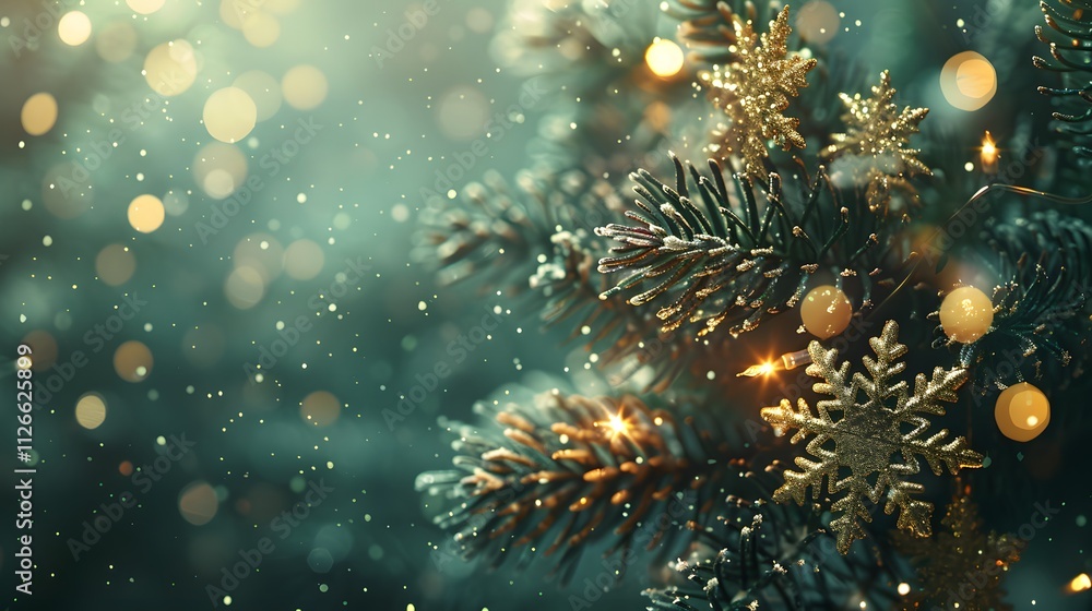 Fototapeta premium A festive close-up of a decorated New year tree with snowflakes and lights.