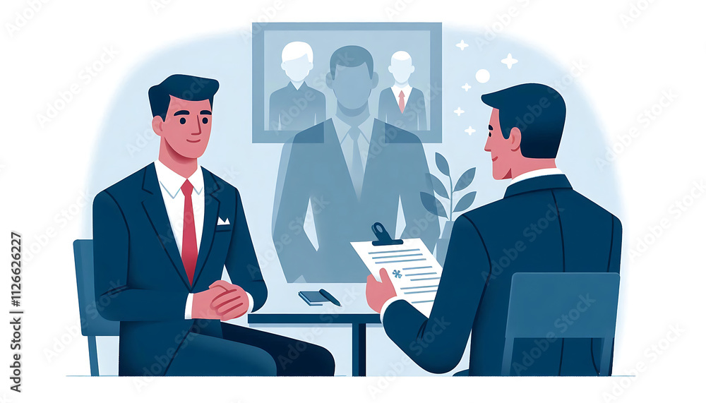 Prospective employee is interviewed for employment with professionals in business attire in an office setting. Memphis style vector illustration. Prospective employee is interviewed for employment with professionals in business attire in an office setting. Memphis style vector illustration.