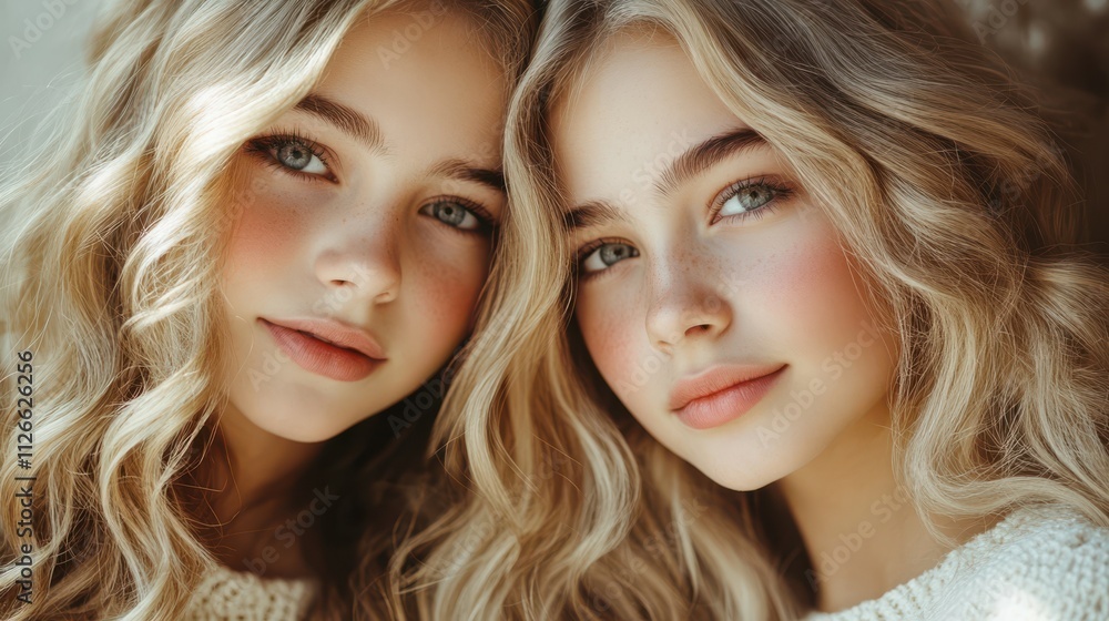 Two beautiful girls with hair coloring in blond. Stylish hairstyle curls done in a beauty salon. Beauty, cosmetics and makeup Two beautiful girls with hair coloring in blond. Stylish hairstyle curls done in a beauty salon. Beauty, cosmetics and makeup