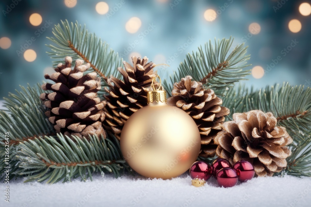 A captivating gold Christmas ornament is nestled among pinecones and evergreen branches, resting on snow, with warm festive lights glowing softly in the background. A captivating gold Christmas ornament is nestled among pinecones and evergreen branches, resting on snow, with warm festive lights glowing softly in the background.