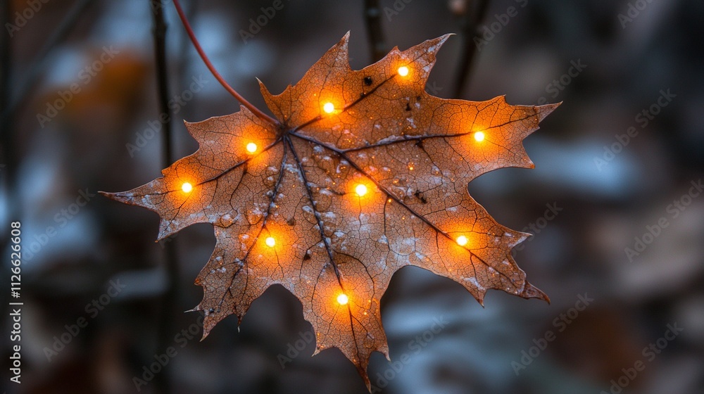 A brown maple leaf with small warm orange lights embedded in it. A brown maple leaf with small warm orange lights embedded in it.