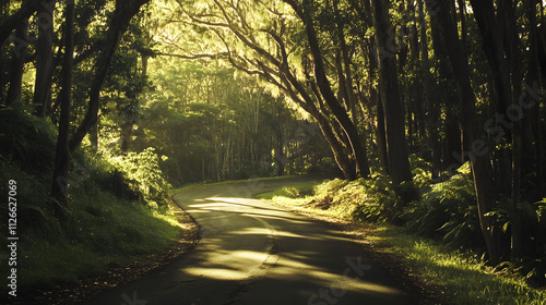 A serene winding road through a lush forest, illuminated by soft sunlight filtering through trees.