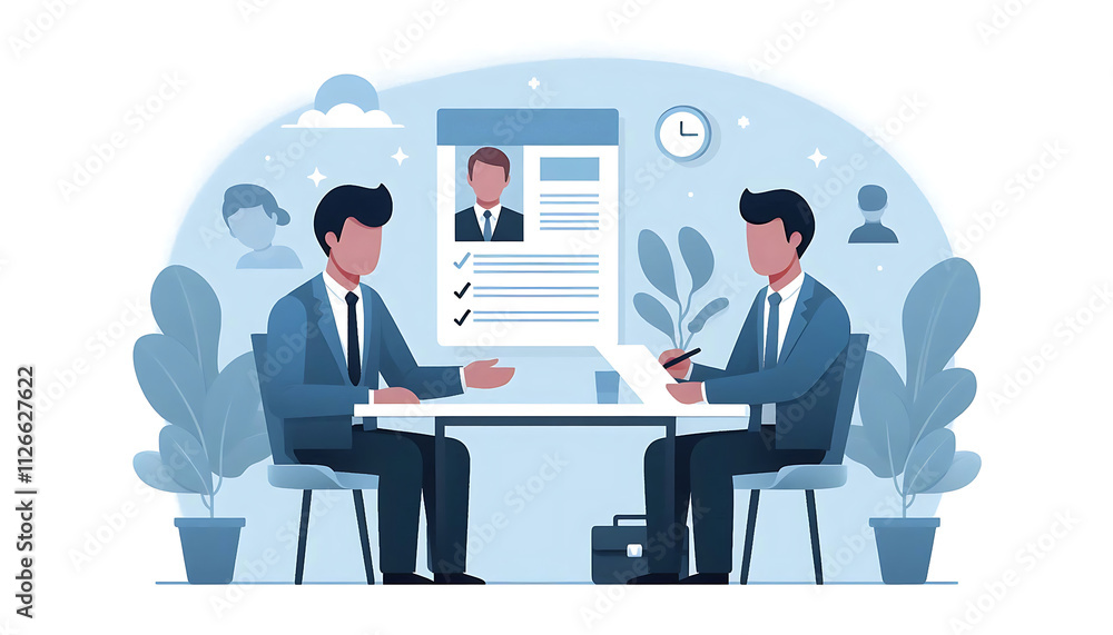 Prospective employee is interviewed for employment with professionals in business attire in an office setting. Memphis style vector illustration. Prospective employee is interviewed for employment with professionals in business attire in an office setting. Memphis style vector illustration.