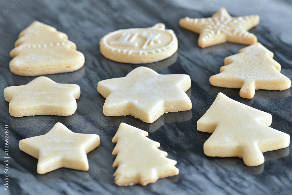 A plate of cookies with a star, tree, and snowflake on it A plate of cookies with a star, tree, and snowflake on it