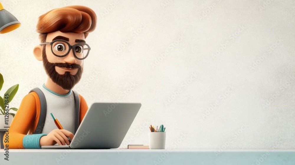 A Cheerful Cartoon Man Working on Laptop at Desk, Modern 3D Rendered Illustration of a Focused Individual A Cheerful Cartoon Man Working on Laptop at Desk, Modern 3D Rendered Illustration of a Focused Individual