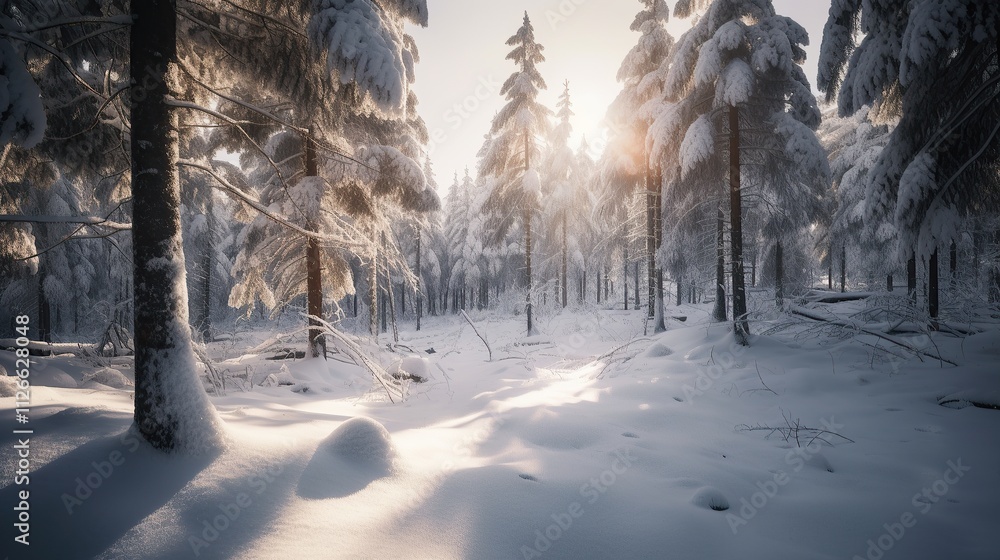 Sunlit Snow Covered Coniferous Forest Winter Scene Sunlit Snow Covered Coniferous Forest Winter Scene