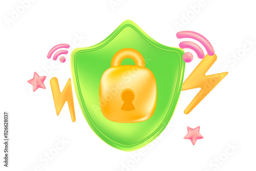 Cute gold 3D protection or control icon, light green security shield design element isolated, transparent background. Glowing glass or plastic texture cyber data illustration.