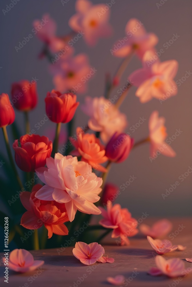 Obraz premium A vibrant arrangement of tulips and daffodils in various shades of pink and orange, illuminated by warm light