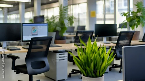 Wallpaper Mural Modern office desk showing computer monitor, keyboard, mouse and plant in sunlight Blurred background of a light white office Torontodigital.ca