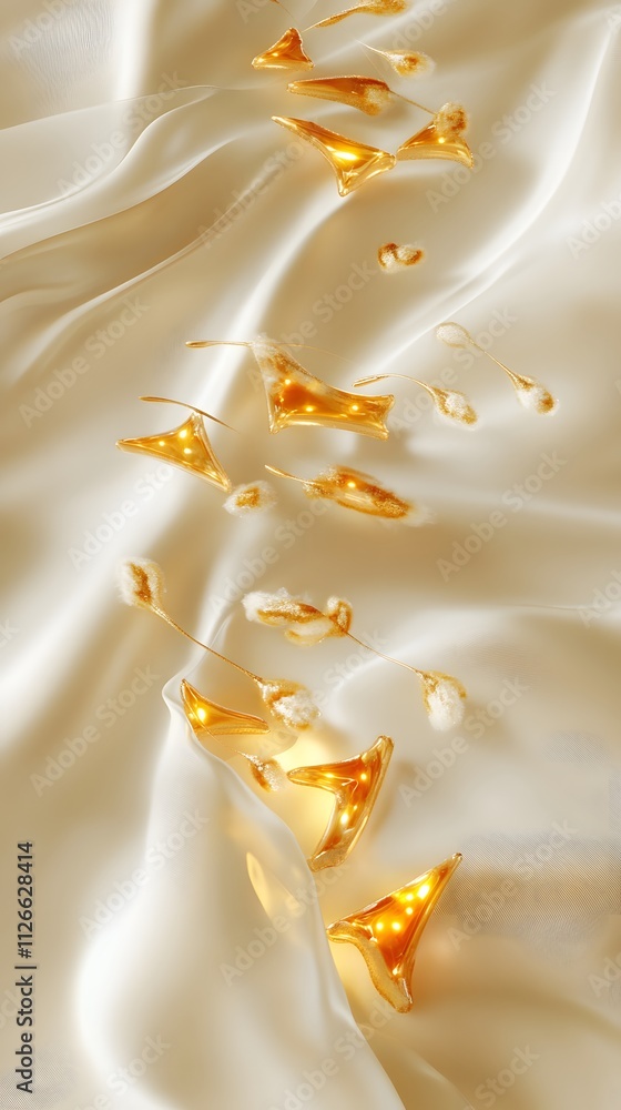 Naklejka premium A serene arrangement of golden decorative objects on soft, flowing fabric.