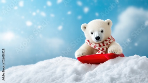 Playful Polar Bear on Snowy Hill with Mittens