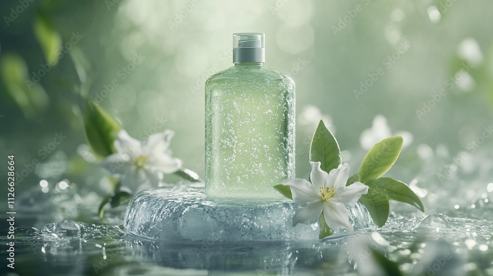 Refreshing green gel bottle on ice with gardenias. Refreshing green gel bottle on ice with gardenias.