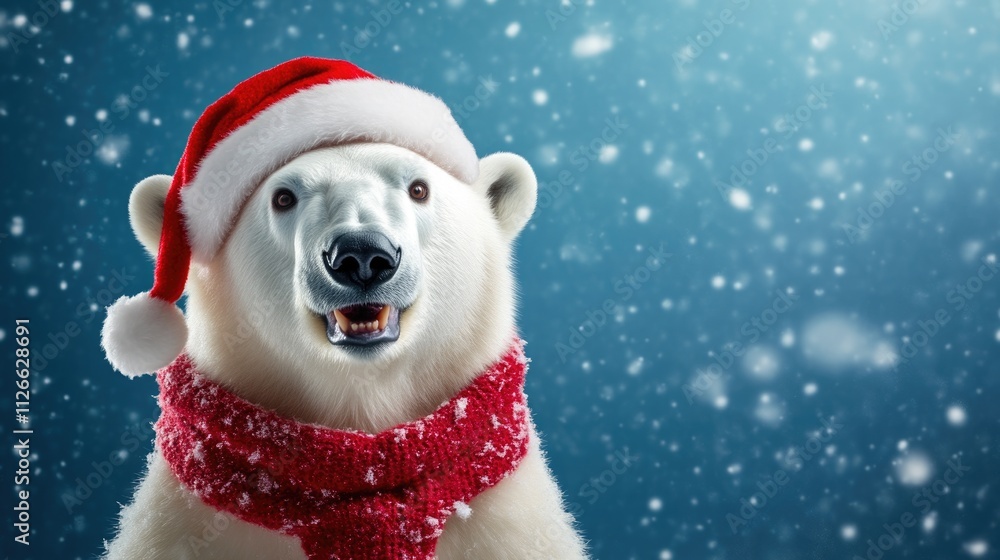 Festive Polar Bear in Scarf and Hat Surrounded by Snow Festive Polar Bear in Scarf and Hat Surrounded by Snow