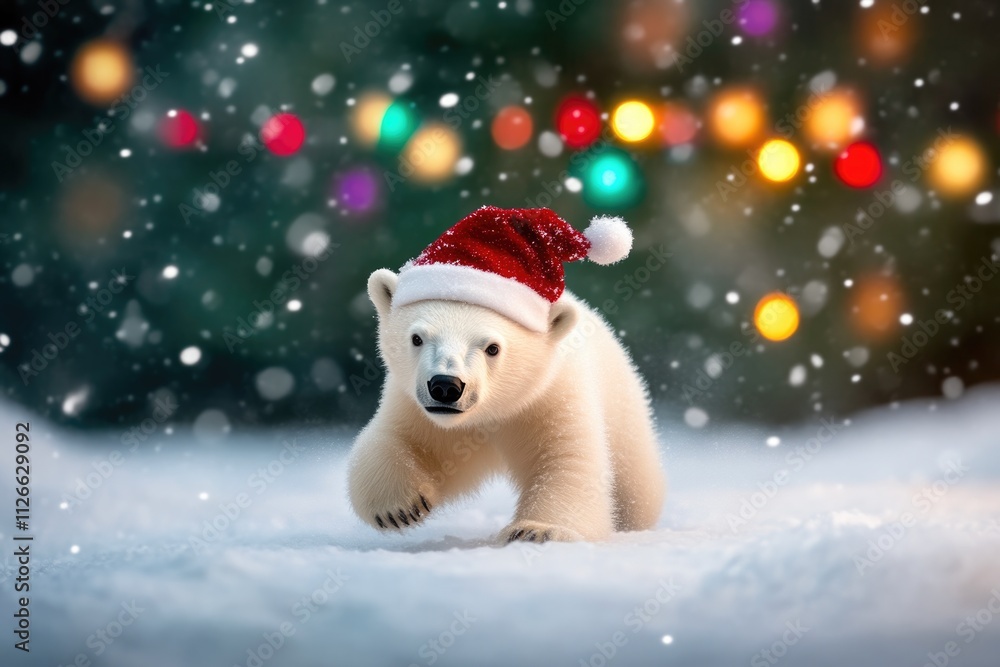 Frosted Polar Bear with Christmas Hat in Winter Wonderland Frosted Polar Bear with Christmas Hat in Winter Wonderland