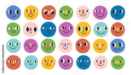Doodle colorful face set. Abstract smiling faces. Crayon drawing different characters. Cartoon style. Flat design. Hand drawn trendy illustration.