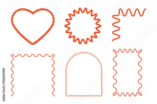 Red zigzag wavy frame. Vector retro border, groovy shapes set, trendy line art decorations.