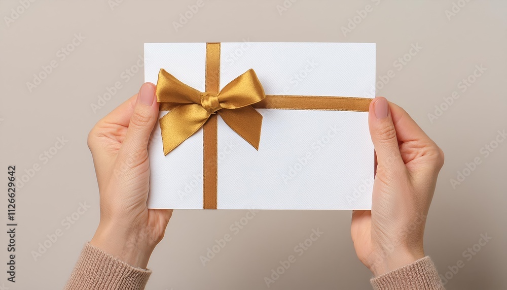 Elegant blank white piece of paper adorned with a luxurious silk ribbon bow, gracefully held in the hands of a woman, perfect for gift wrapping or creative projects, isolated on a clean Elegant blank white piece of paper adorned with a luxurious silk ribbon bow, gracefully held in the hands of a woman, perfect for gift wrapping or creative projects, isolated on a clean