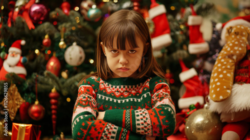 Angry girl, Child in Festive Christmas  ugly Sweater with Arms Crossed - Funny and Relatable Holiday Portrait with a Decorated Christmas Tree in the Background photo