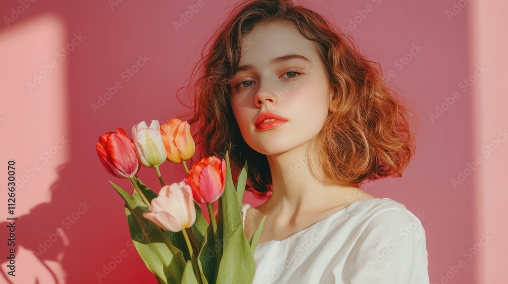 Women's Day Celebration. Beautiful young woman holding spring bouquet of tulips, standing over colorful background in studio, empty space Women's Day Celebration. Beautiful young woman holding spring bouquet of tulips, standing over colorful background in studio, empty space