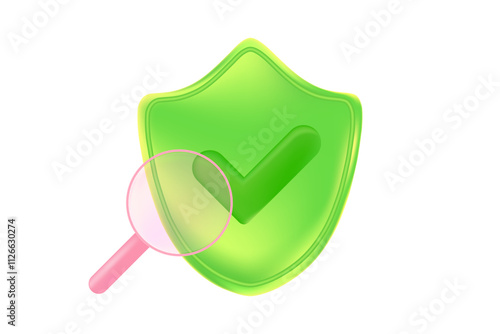 Cute green 3D security shield icon with check mark isolated, transparent background. Glowing glass or plastic texture cyber data protection, safety or trust illustration