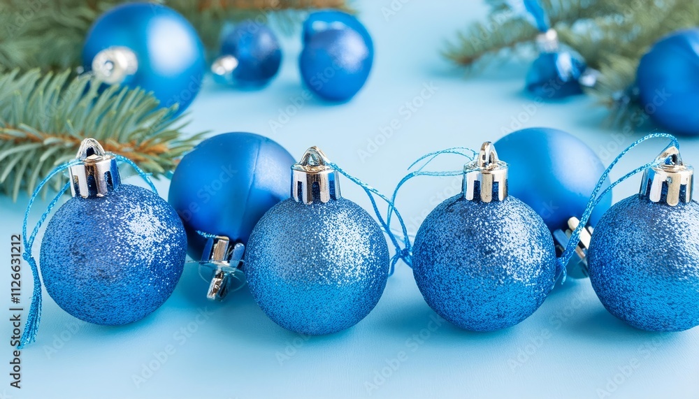 Elegant Blue Christmas Ornaments on a Serene Blue Background – A Festive Merry Christmas Greeting Card and Banner Design for Winter Celebrations Elegant Blue Christmas Ornaments on a Serene Blue Background – A Festive Merry Christmas Greeting Card and Banner Design for Winter Celebrations