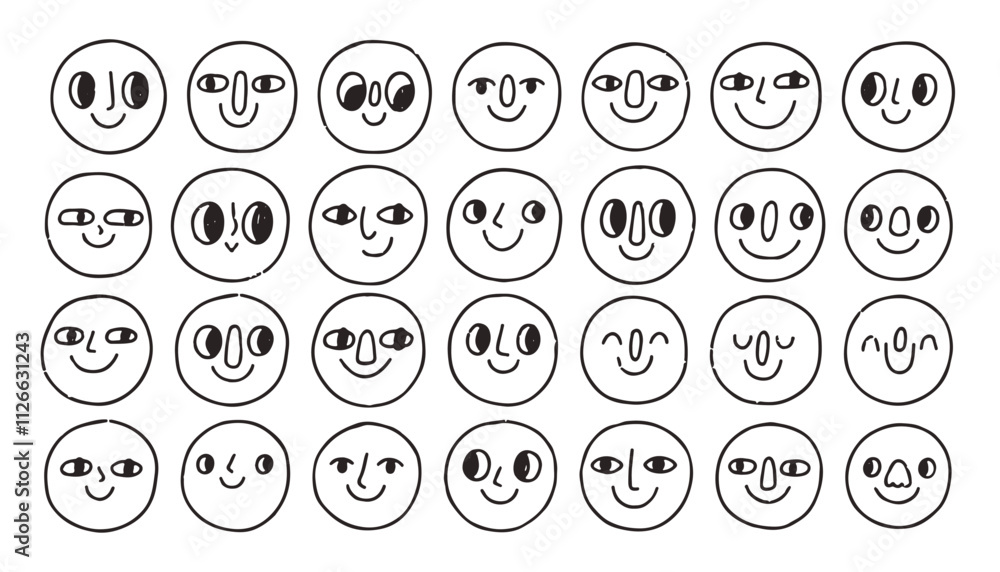 Doodle face set. Abstract comic smiling faces. Crayon drawing style. Different characters. Cartoon style. Flat design. Hand drawn trendy illustration. Doodle face set. Abstract comic smiling faces. Crayon drawing style. Different characters. Cartoon style. Flat design. Hand drawn trendy illustration.