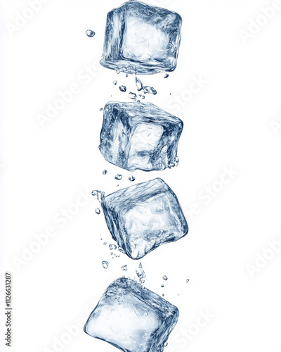 Four ice cube falling isolated on white background cold float